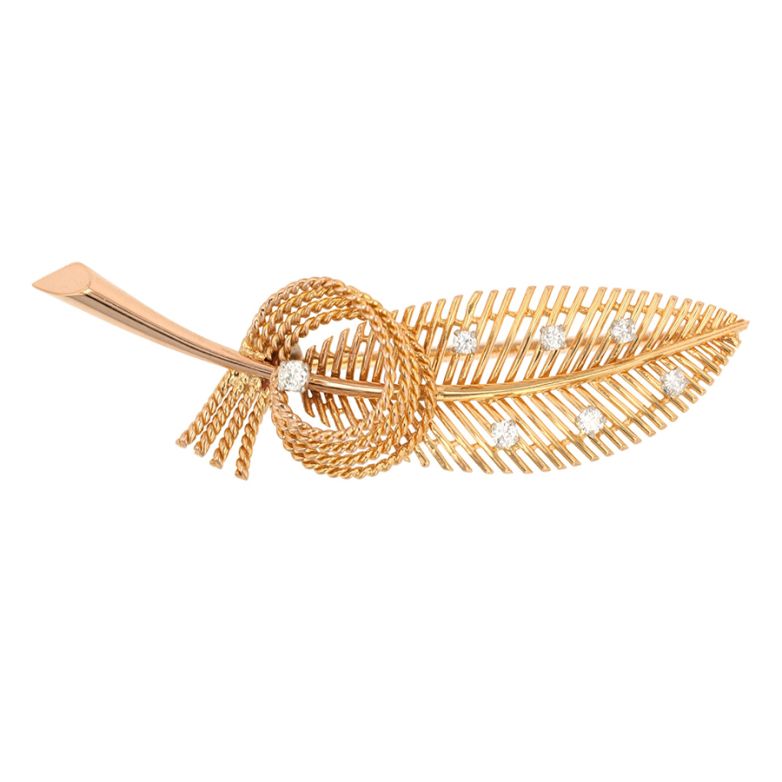 Broche vintage plume diamants 0.39 carat or jaune 15.43g Comme neuf -  reconditionné disponible sur Gemme Les Bijoux
